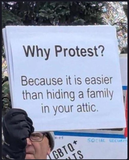 Screenshot of a protest board saying -

“ Why Protest?
Because it is easier than hiding a family in your attic.”