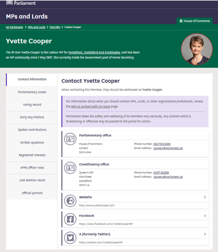 contact information for Yvette Cooper  (screenshot of website https://members.parliament.uk/member/420/contact )
