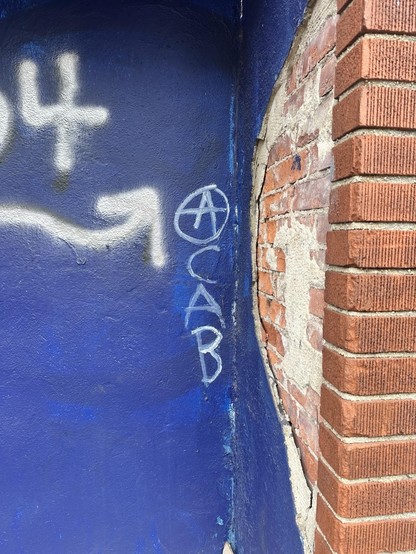 ACAB  vertically in white on a blue door in a brick building. the A is circled for anarchy. the number 4 and a curvy arrow pointing up are spraypainted in white on the left, part of something else that's cut off in the photo