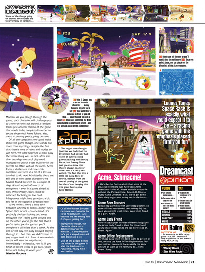 Review for Looney Tunes Space Race on Dreamcast.
Taken from Dreamcast Magazine 16 - December 2000 (UK)

score: 83%