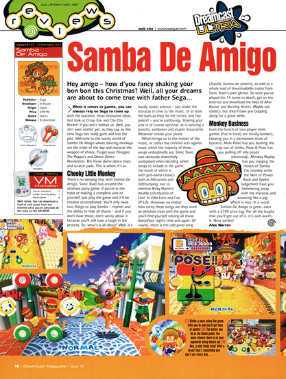 Review for Samba De Amigo on Dreamcast.
Taken from Dreamcast Magazine 16 - December 2000 (UK)

score: 92%