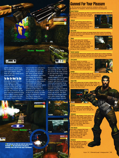 Preview for Unreal Tournament on Dreamcast.
Taken from Dreamcast Magazine 16 - December 2000 (UK)
