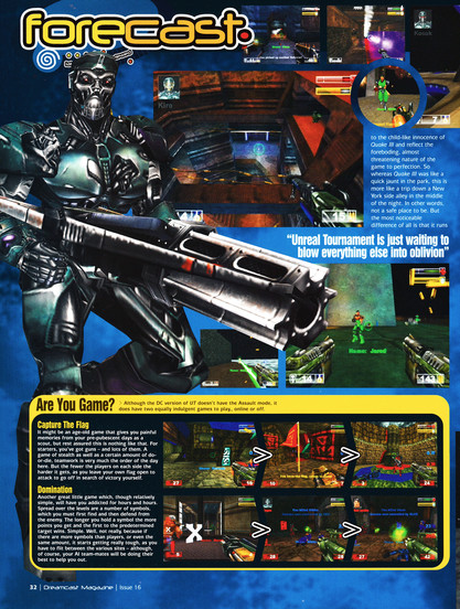 Preview for Unreal Tournament on Dreamcast.
Taken from Dreamcast Magazine 16 - December 2000 (UK)
