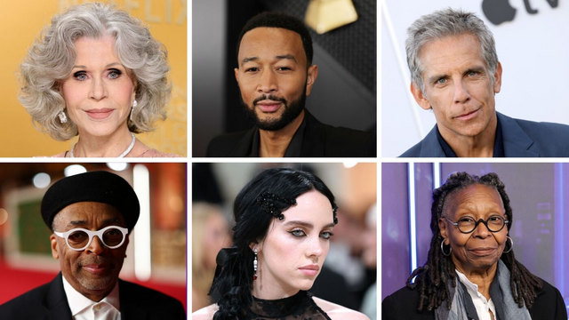 Head shots of Jane Fonda, John Legend, Ben Stiller, Spike Lee, Billie Eilish and Whoopi Goldberg.