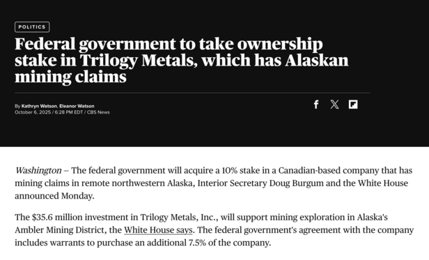 Federal government to take ownership stake in Trilogy Metals, which has Alaskan mining claims