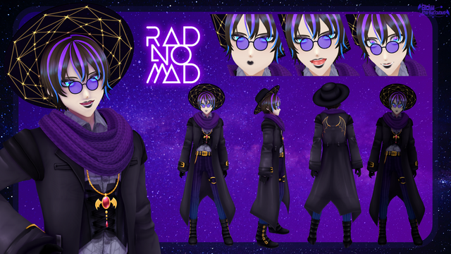 A reference sheet for Rad No Mad depicting their Rad v3 "Goth Rad" model, with various poses and facial expressions and their logo.  Standout model details include a wide brimmed hat with sacred geometry, purple and blue hair highlights, black lipstick and eyeliner, purple glasses, a purple scarf, a long black jacket with golden bat wings on the back, a golden necklace with wings and red gems, a gray undershirt with a spiderweb pattern, a black corset, black gloves, striped pants with a purple to blue gradient, tall black boots with gold buckles, and various gold buckles and ornamentation on the jacket and belt.  VRoid model and ref sheet created by Glow the Succubus.