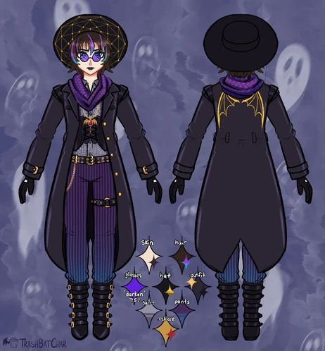 A "Goth Outfit" design commission by Trash Bat Char for Rad No Mad, depicting the front and back views of their outfit with color references.