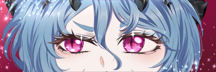 A closeup of the Nightmarish Nix's (a VTuber) eyes. They have purple-pinkish red eyes and light blue hair, a strand of which is falling in their face.